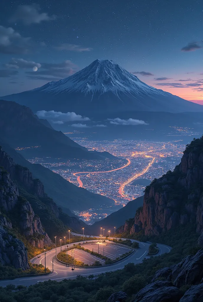 Mountain with a main road, at road level a parking lot overlooking the city, above the road a viewpoint supported by columns. Show it at night where you can see the lights of the road and the city