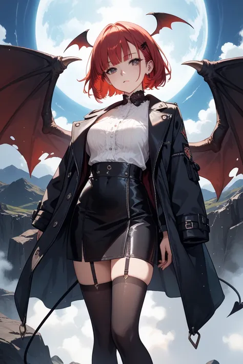 Cosply :  dark red hair ,  straight short bob without bangs, dark eyes, black coat, Black Leggings , Black devil wings,black socks)volcanic background, standing facing me, studio lighting,( masterpiece, exhaustive:1.2), (anatomically accurate, that's ridic...