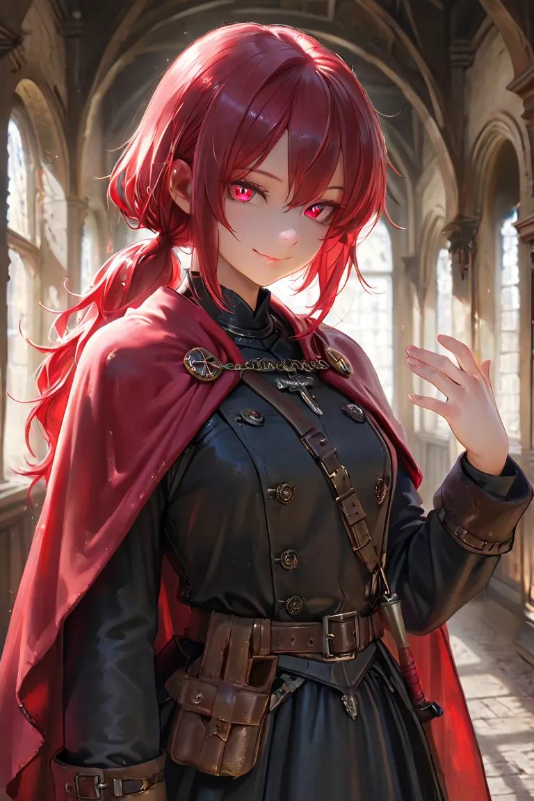 masterpiece, best quality, detailed eyes, semi realistic, 8k, girl, pure, emotionless, black low ponytail hair, red eye, fantasy hallway, black medieval luxury uniform with red accessories, nobility, red particle on her hand, little bit smile, red fluffy c...