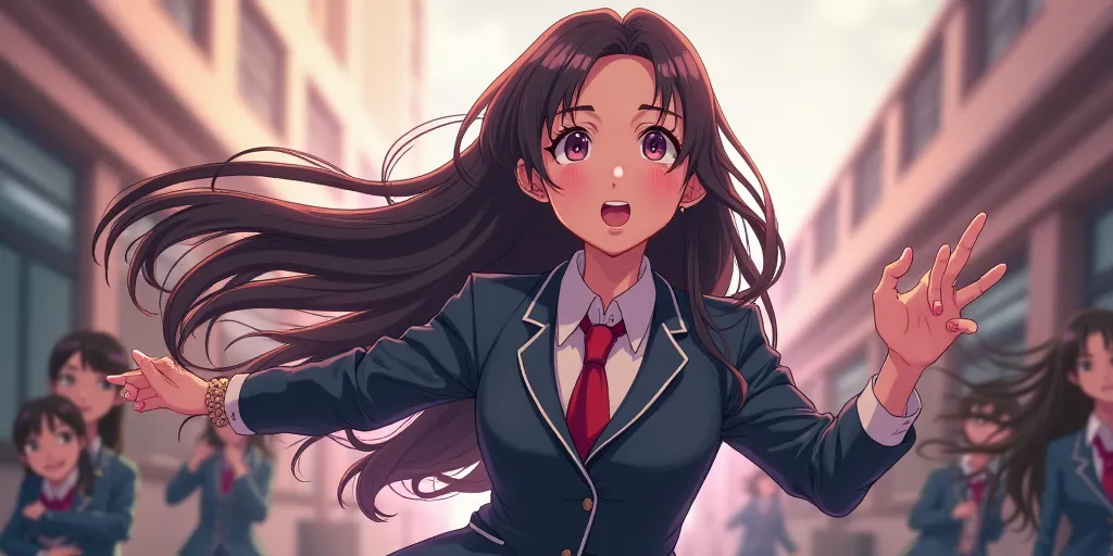 Regina dramatically flips her hair, pouting. dressed in their student council uniforms. anime style