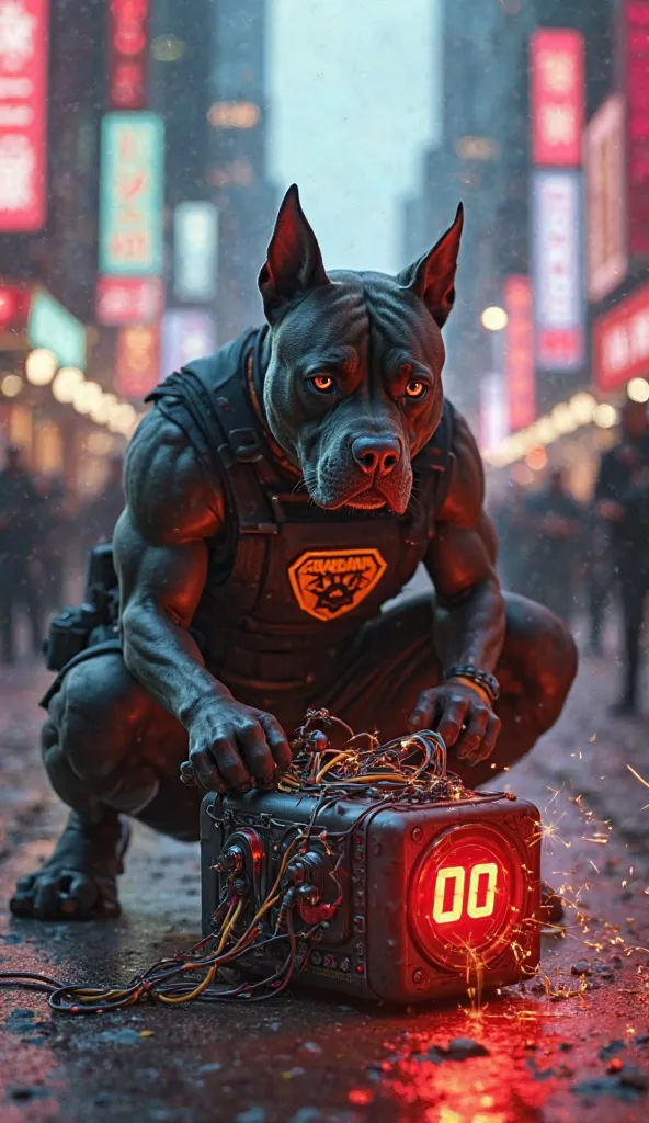 "Create a highly detailed cinematic scene of an intense moment in the heart of a bustling city square, where an anthropomorphic Pitbull named Maximus is attempting to defuse a ticking time bomb. Maximus crouches low over the bomb, his sleek black tactical ...