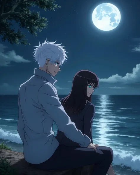 Create the image of Satoru Gojo from Jujutsu Kaisen,white shirt,sitting, next to a green-eyed woman with long dark brown hair, At the seaside at night with the moon and the stars filling the sky.
