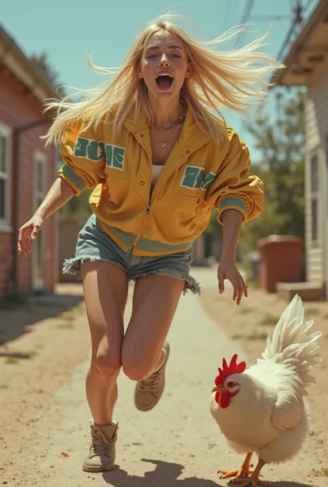 Blonde Billie Eilish running super fast with a chicken 