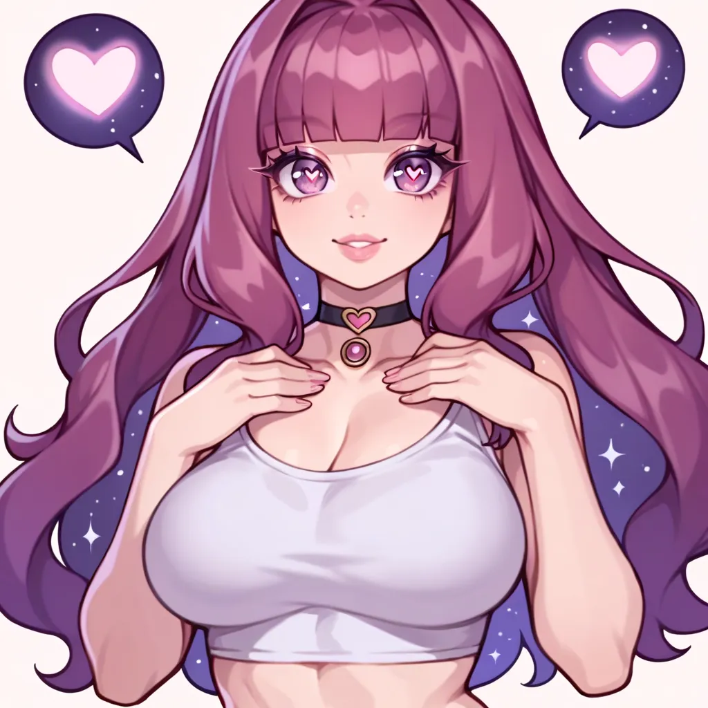 score_9, score_8_up, score_7_up, 1girl, smile, love, heart eyes, ((portrait)), ((curvy)), (((cute face))), long hair, bangs, galaxy dark magenta hair, ((galaxy dark magenta hair)), ((dark magenta hair)), gorgeous pink eyes, big eyes, anime eyes, eyeliner, ...