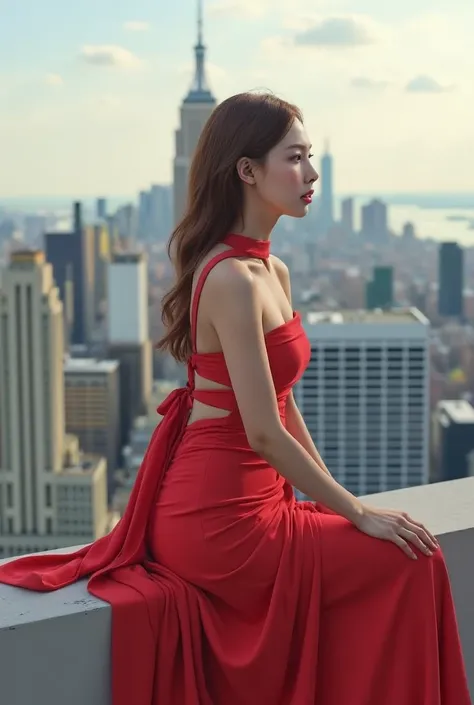 n@y,, ,  high quality, highly detailed, photorealistic, 8k, a woman in a red dress sitting on a roof with a city in the background and a sky line, Dai Jin, promotional image, a character portrait,