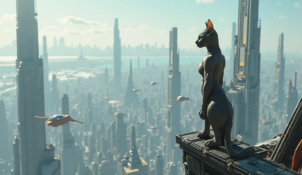 A humanoid cat on a futuristic city tallest building, he is looking over the City form here