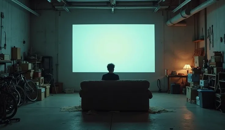 a minimalist image of A person sitting alone on a worn-out couch in the middle of a dimly lit garage, watching a movie projected onto a blank wall. The garage is filled with old tools, bicycles, and stacked boxes. Soft, warm light from the projector glows,...