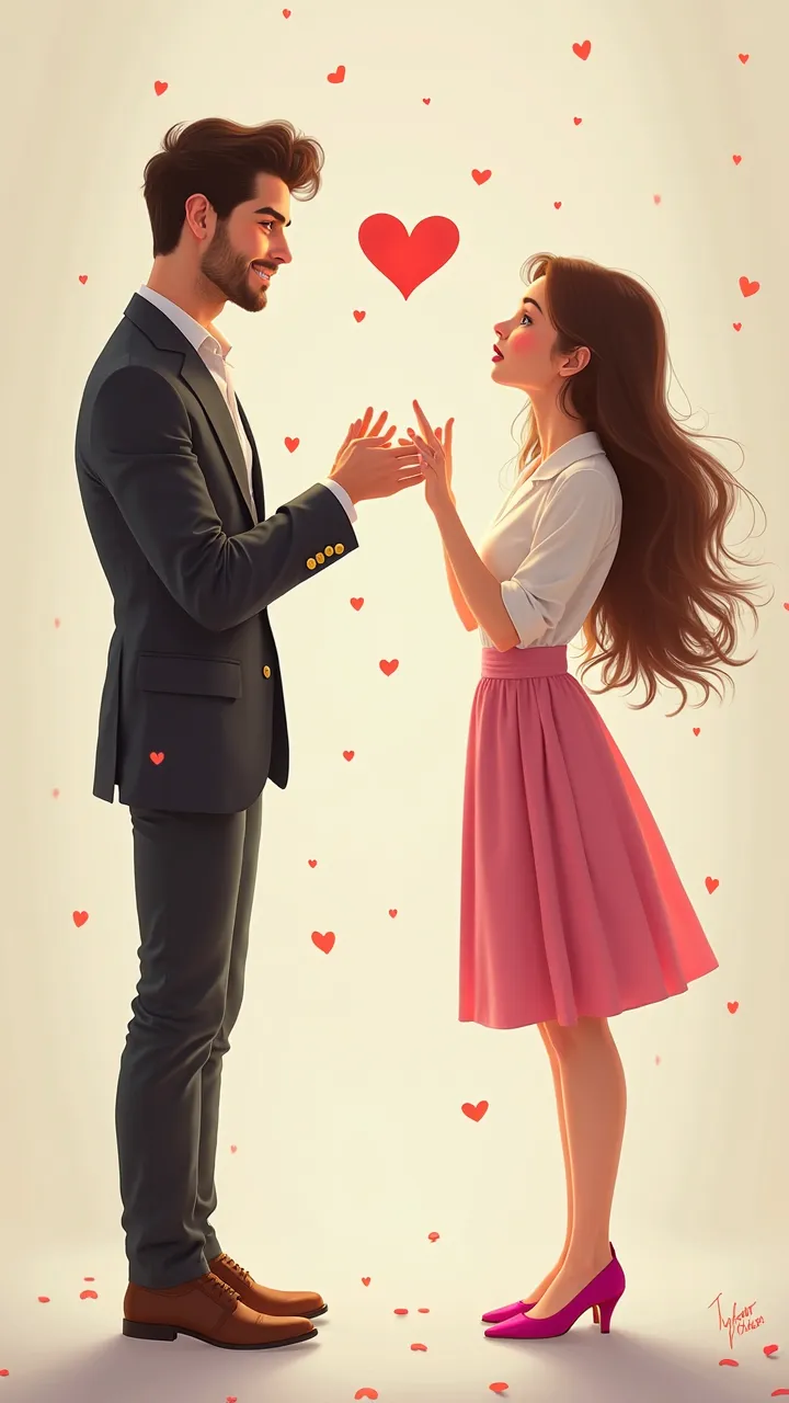 A handsome man sends a heart to a beautiful woman with long hair, wearing a white shirt and pink shoes.
