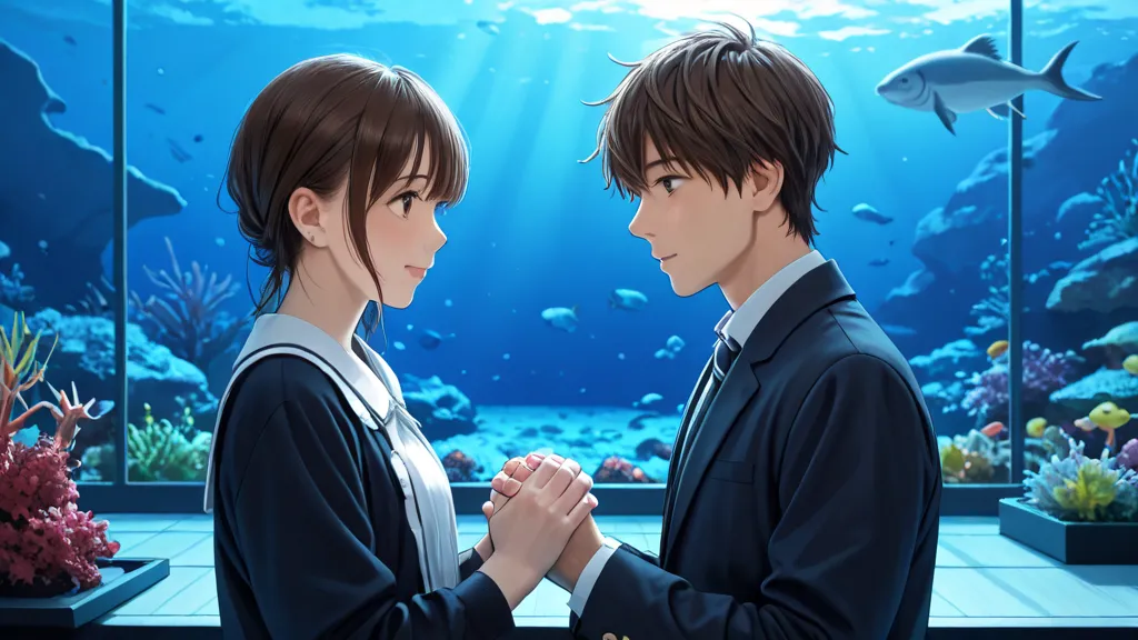 dating scene at the aquarium、Please express that both of you are friendly、The boy and girl are both high school students the same age、The camera shows the entire distance、Composition of a boy and a brown-haired girl walking hand in hand、face is also drawn ...