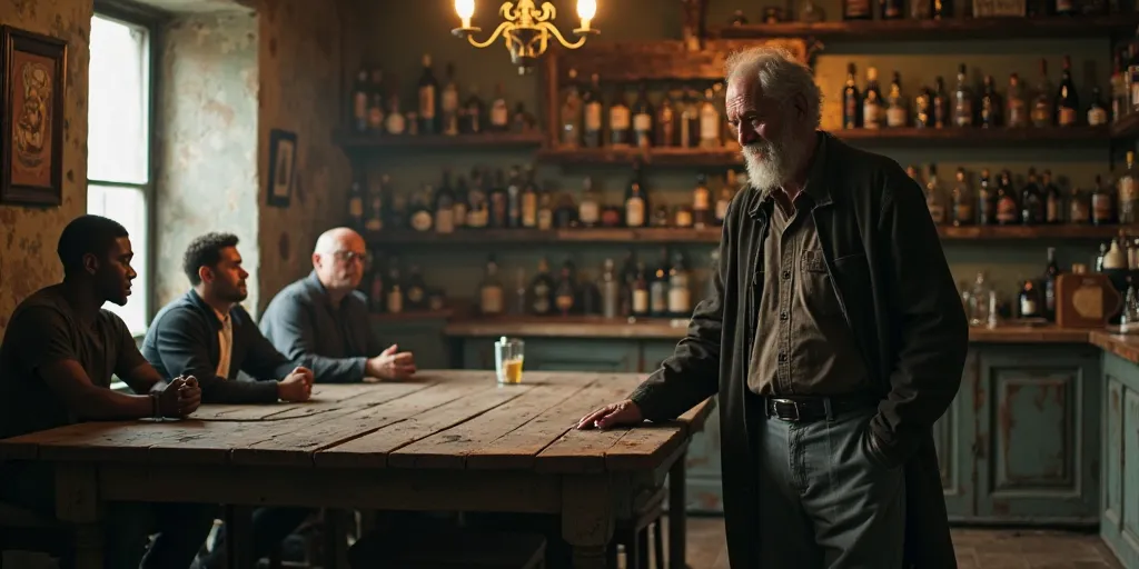 In a medium shot, inside an old, dimly lit bar, an elderly man approaches the worn wooden table where three men are seated. One of the men is black, and the other two are white. The bar is rustic, with a vintage feel, with aged wooden beams, faded walls, a...