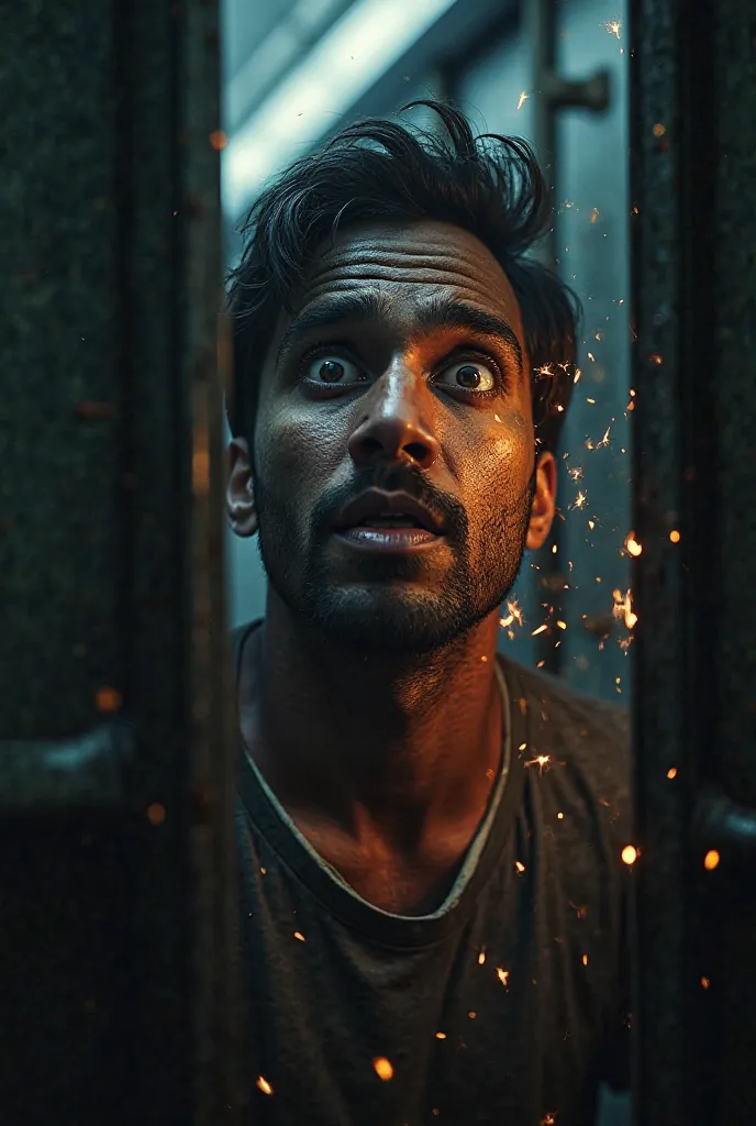 A close-up of the train door with sparks flying as it opens, creating an unsettling, supernatural atmosphere. Deepak's face is filled with fear and awe.