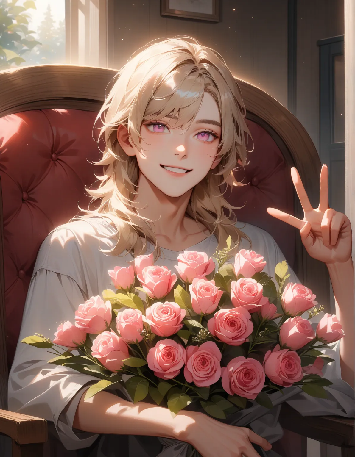 20-year-old male, Light Blonde, Pale pink eyes,sitting on a chair,Pink bouquet,smile,peace sign