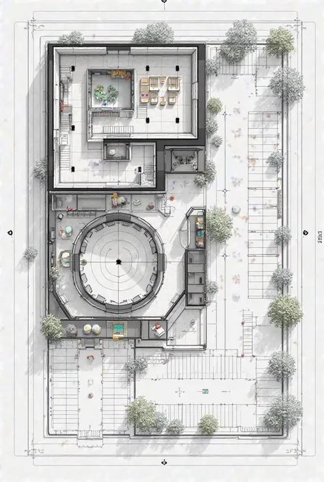 Make me. CAD-like floor plan of a planetarium that has parking lto and pantry 