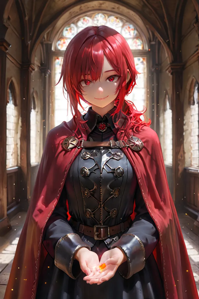 masterpiece, best quality, detailed eyes, semi realistic, 8k, girl, pure, emotionless, red low ponytail hair, red eye, fantasy hallway, black medieval luxury uniform with red accessories, nobility, red particle on her hand, little bit smile, red fluffy cap...