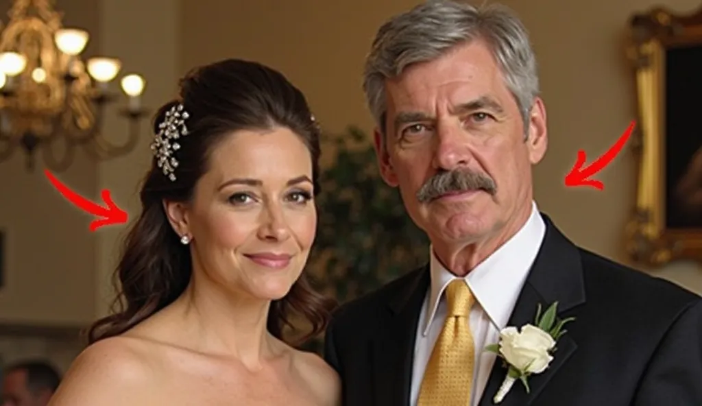 Image is a formal portrait featuring two individuals in a well-lit, elegant setting. The woman on the left has fair skin, long brown hair styled in an updo with a decorative hairpiece, and is wearing a strapless white gown. The man on the right has light s...