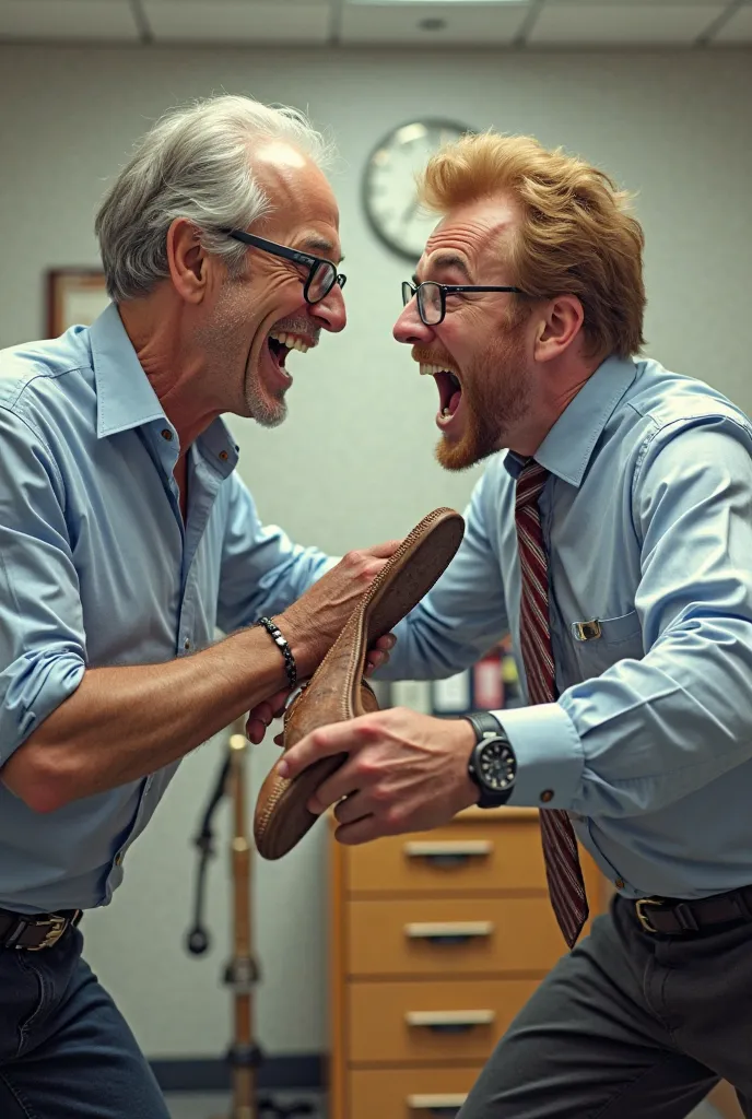 a young man without glasses with a small reddish-blond beard beats with a slipper and fights with a bald, gray-haired middle-aged man in tight glasses in a light blue shirt in the office