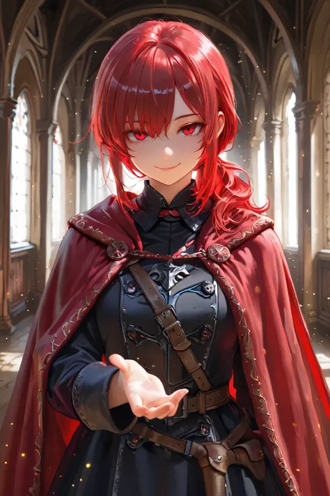 masterpiece, best quality, detailed eyes, semi realistic, 8k, girl, pure, emotionless, red low ponytail hair, red eye, fantasy hallway, black medieval luxury uniform with red accessories, nobility, red particle on her hand, little bit smile, red fluffy cap...