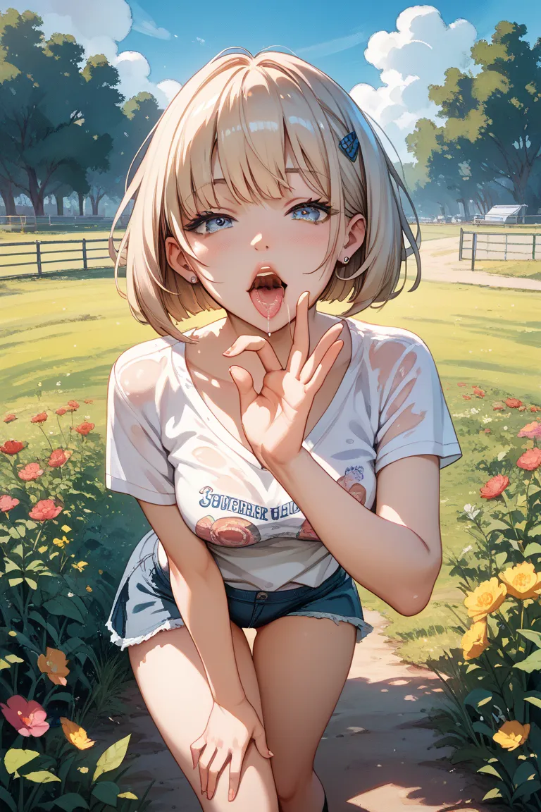 high school girl　bob cut　 open　panties　Crack　fellatio gesture　drool　 watercolor