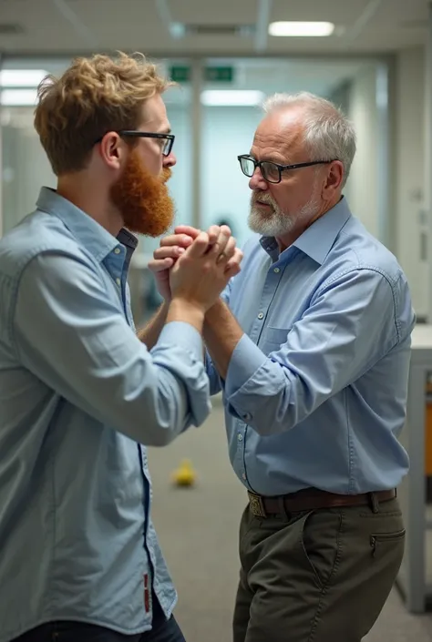 a young man without glasses with a small reddish-blond beard beats with a slipper and fights with a bald, gray-haired middle-aged man in tight glasses in a light blue shirt in the office. ducks go wall to wall on both sides