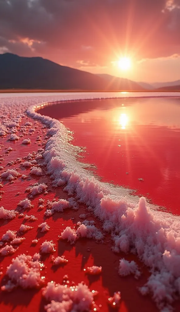 "Close-up of Lake Natron's blood-red water, reflecting the scorching sun, with salt crystal formations along the shore."