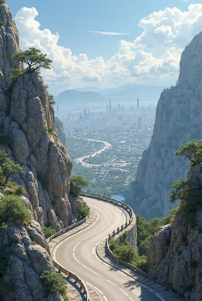 Road on the side of a mountain, with parking at road level that overlooks the city