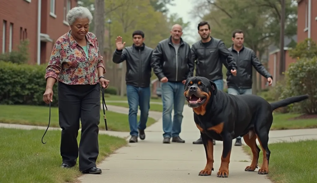 An elderly Black woman with short gray hair stands on a suburban sidewalk, holding a leash attached to a large, muscular Rottweiler. She has a determined and fearless expression, wearing a floral-patterned blouse with black pants. The Rottweiler is in an a...