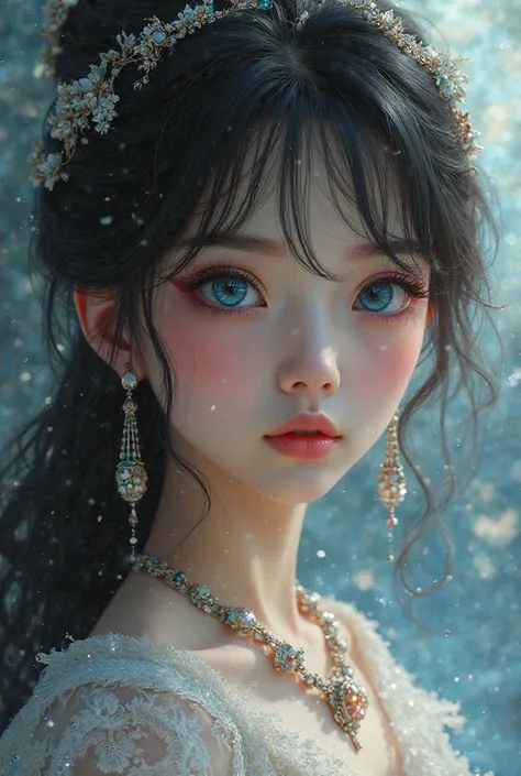 A princess with black hair and bangs and blue eyes