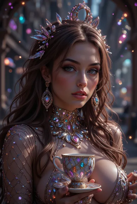 chica,  long brown hair ,Suit made of crystal shards, drinking a cup of coffee decorated with crystals and mirrors. The environment around her is full of reflections and prismatic lights, creating a kaleidoscope effect.