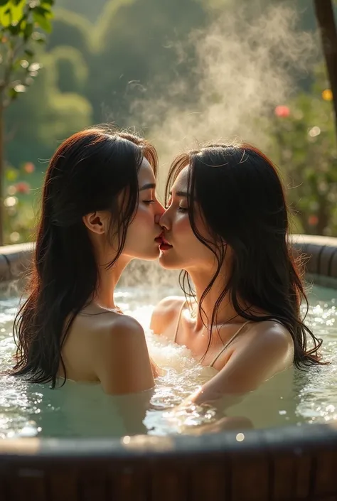 2 Beautiful Korean Girls Long Hair Nude Kissing Lips Soaking Shared Bathing Hot Tub 100 Degrees C