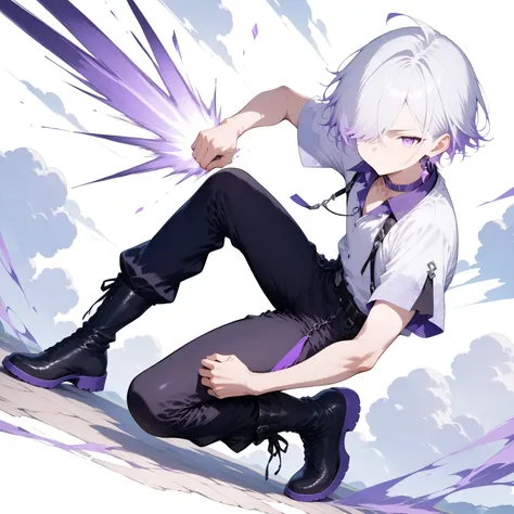 masterpiece, high score, great score, absurdres,
1boy, sranding,male focus, 20-yo, クモイエイテル, full body, toned,twink,white hair, side-parted, lilac highlights, hair over one eye,purple eyes, single purple earring/ (left ear/),light purple open-collar shirt, ...