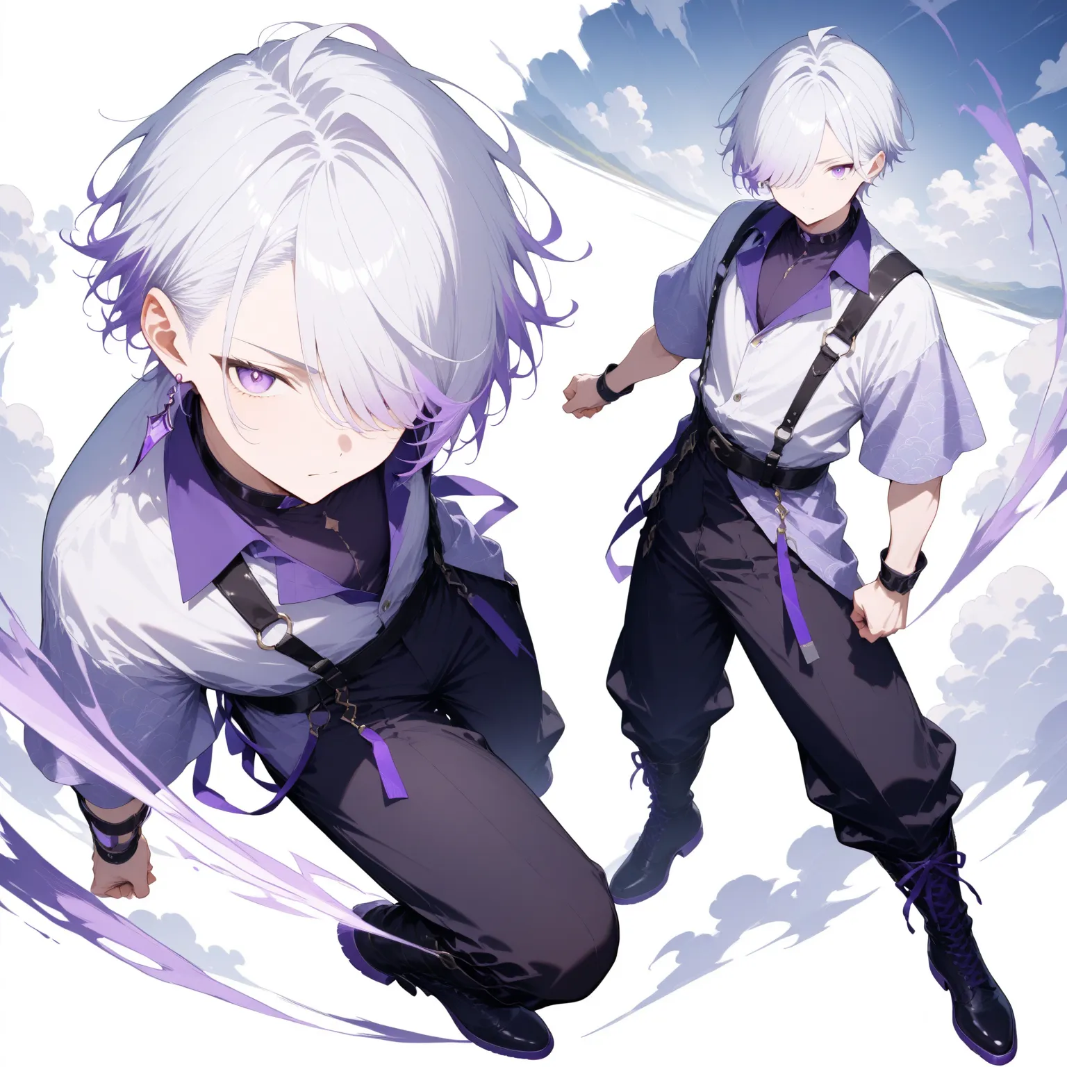 masterpiece, high score, great score, absurdres,
1boy, sranding,male focus, 20-yo, クモイエイテル, full body, toned,twink,white hair, side-parted, lilac highlights, hair over one eye,purple eyes, single purple earring/ (left ear/),light purple open-collar shirt, ...