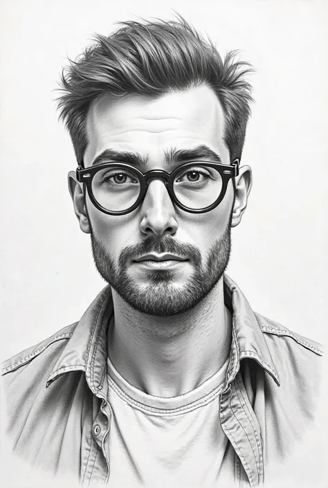 Hello , create an image portrait pencil drawing simple in the foreground face body to chest face of a man in his thirties short hair with a hedgehog two or three centimeters slightly plump face on the forehead small pleats small eyes behind the glasses tra...