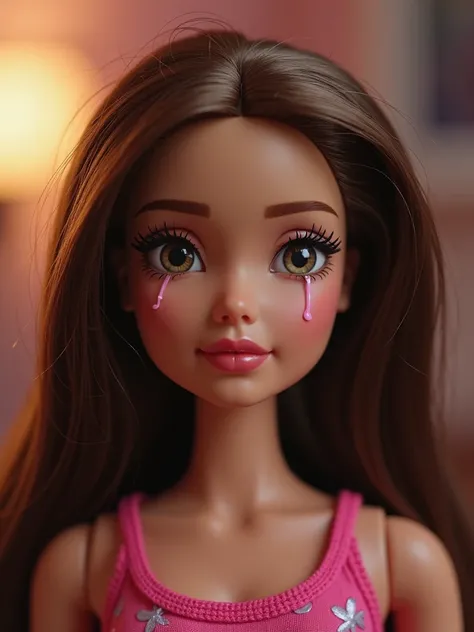 Barbie sad face crying, with tears in her eyes,  brown hair 