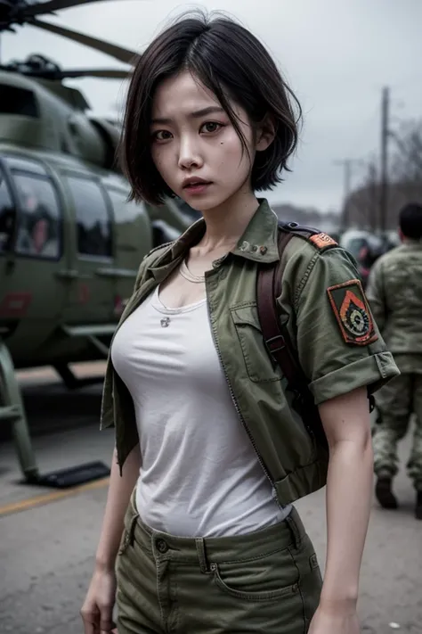 Asian girl woman short hair uniform military army , Zombies , Zombie , walkers  , living dead, hordas Zombies, helicopter