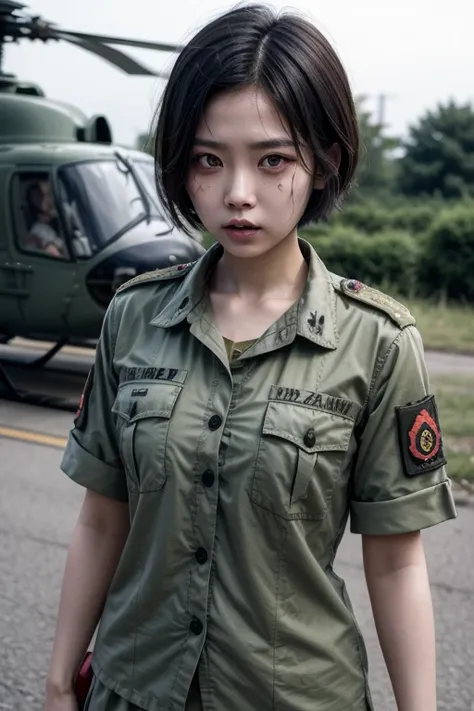 Asian girl woman short hair uniform military army , Zombies , Zombie , walkers  , living dead, hordas Zombies, helicopter