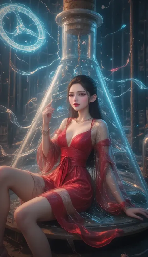   masterpiece,  high resolution , A beautiful girl in a magic style,  In a dirty triangular flask, Immersed in liquid,  Khomokov ,   Magic Circle , Hologram,   perfect beautiful girl  ,   red clothes , Interior lighting,  Glowing in the glassColorful image...