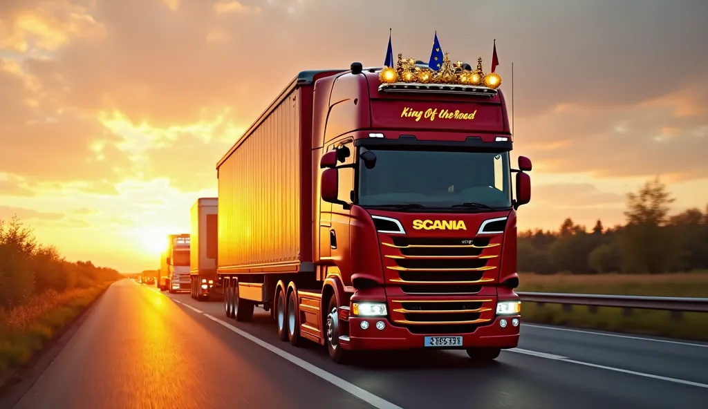 "Crimson red Scania S730 truck leading a convoy on Germany’s Autobahn at sunset, golden crown hovering above the cab, EU flags fluttering on the grille, bold text ‘KING OF THE ROAD’ in yellow, 20% market share stat glowing on the trailer, dramatic lens fla...