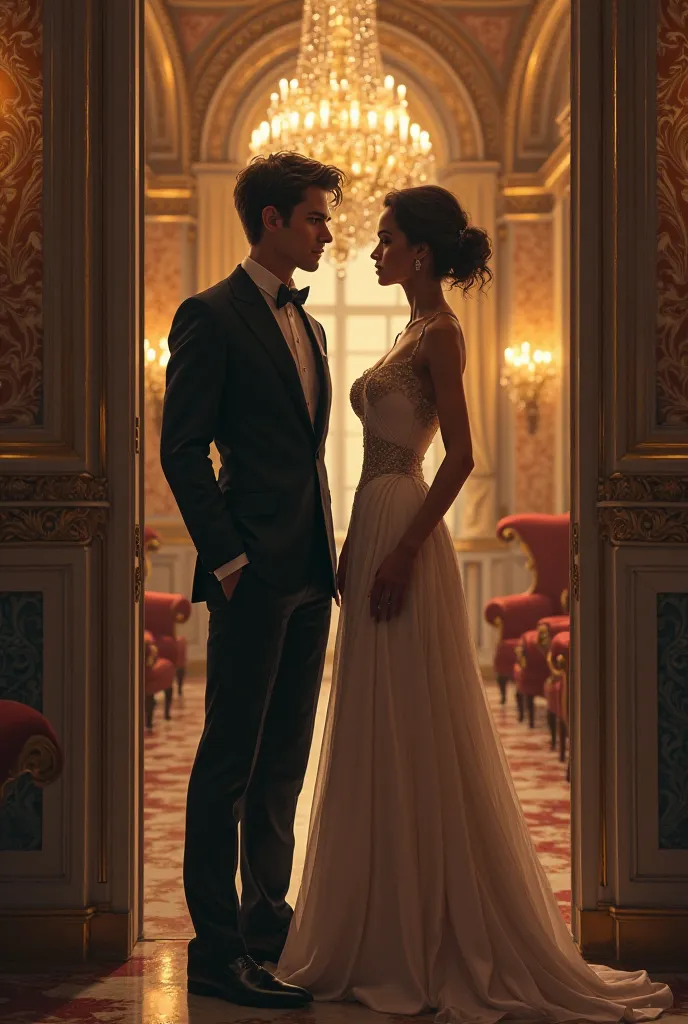  A man and a woman in elegant formal clothes in a mansion 