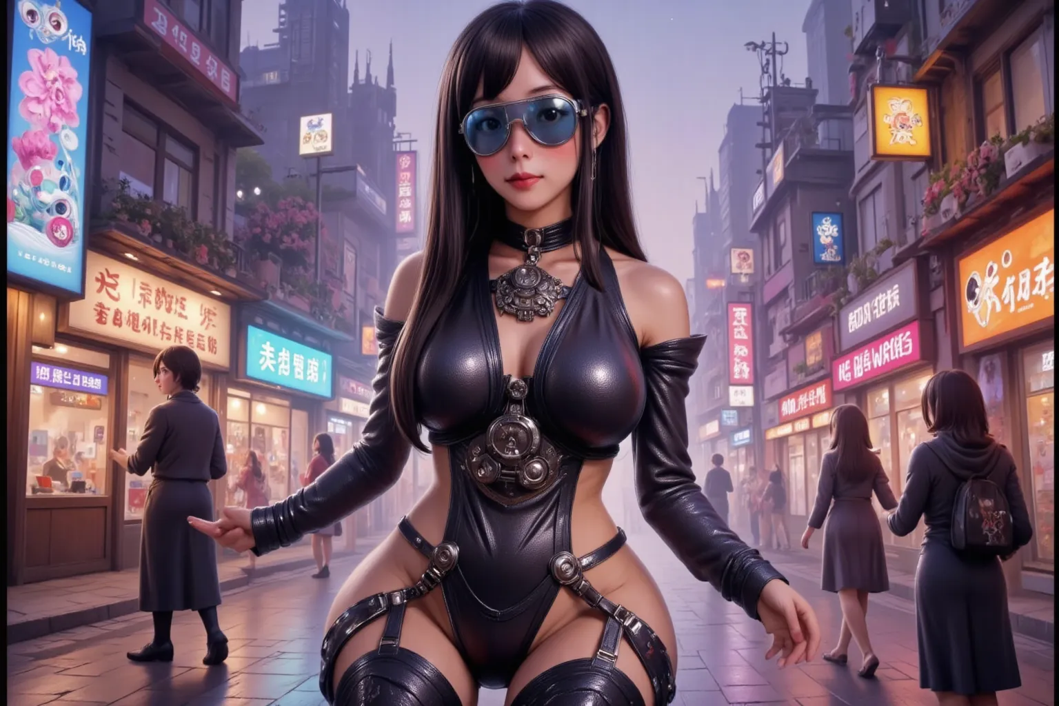 Woman (cute, chrome goggles, sexy outfit, saggy natural breasts huge, sexy black leather outfit, many blinking gadget accessories), confident walk through futuristic alien city (high technology blended with fungal structures)(Cyberpunk + mushroom fantasy),...