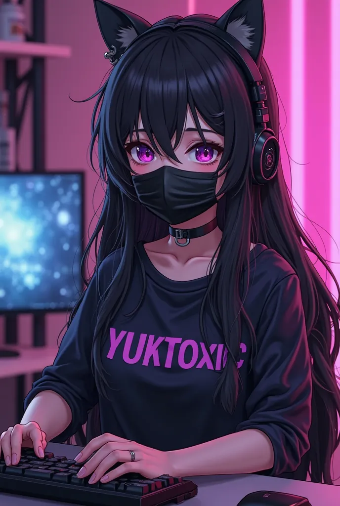  Female anime character , 22 years old, gamer, Pc gamer,  gamer keyboard , Mause gamer, gamer video game controller, Gamer ear plug with fake cat ears, long black hair, black eyes, black cloth flu mask, large cold blouse written YUK TOXIC dark purple, Dark...