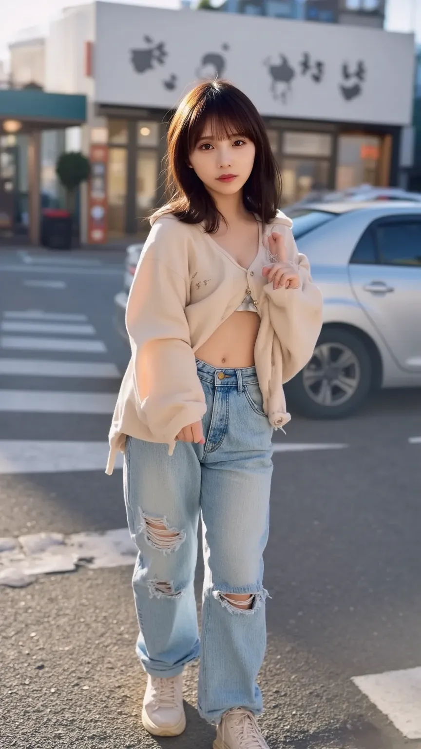 「portrait with the Shibuya cityscape in the background。A young woman poses in street fashion。 she says 、wearing distressed jeans and an oversized jacket、sneakers。has a short bob with light waves、natural makeup is applied。and street cafes and shop signs are...