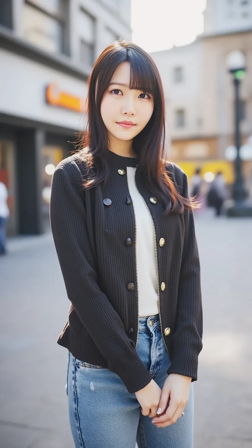 「portrait with the Shibuya cityscape in the background。A young woman poses in street fashion。 she says 、wearing distressed jeans and an oversized jacket、sneakers。has a short bob with light waves、natural makeup is applied。and street cafes and shop signs are...