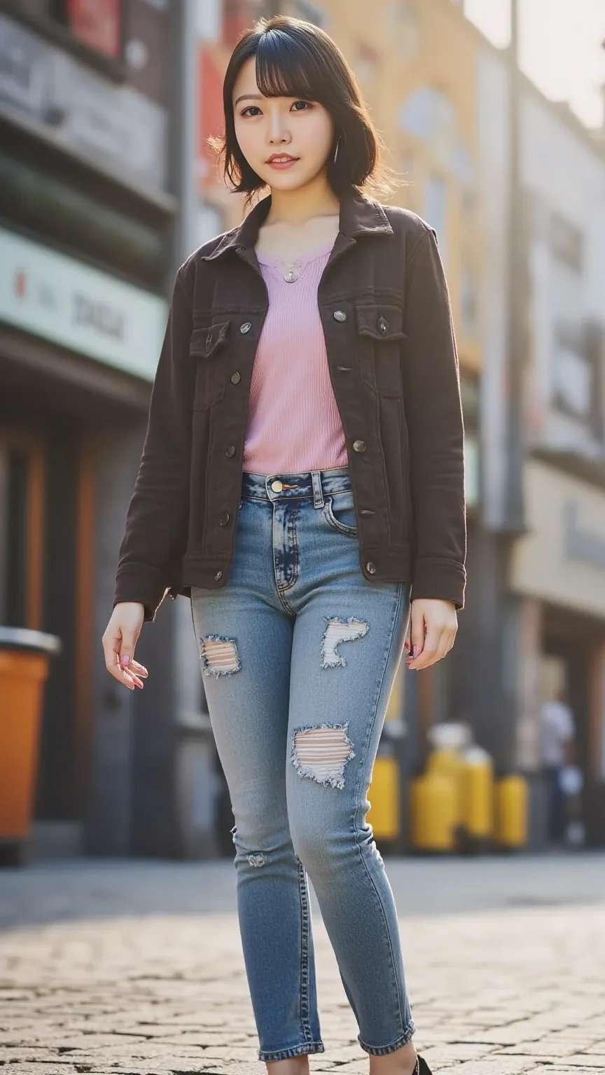 「portrait with the Shibuya cityscape in the background。A young woman poses in street fashion。 she says 、wearing distressed jeans and an oversized jacket、sneakers。has a short bob with light waves、natural makeup is applied。and street cafes and shop signs are...