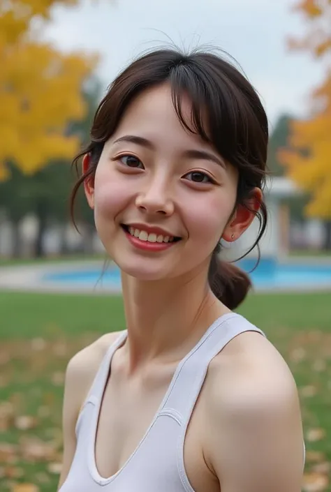 ２８ year-old Japanese woman 。。 face close-up photo。I'm in a park with lots of trees。 in the background 、GREEN TREES 、trees that turned yellow due to autumn leaves、I can see the blue pond。Also in the back、Surrounding me 、People、None at all。sleeveless tank to...