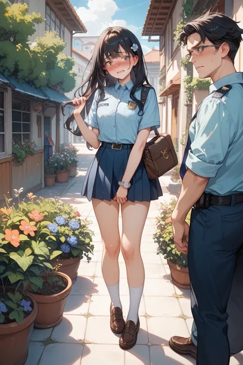 high school girl inserting a man's erect penis into her pussy。garden。Police Cosplay。black hair long hair。White short socks。Brown shoes。embarrassed face。