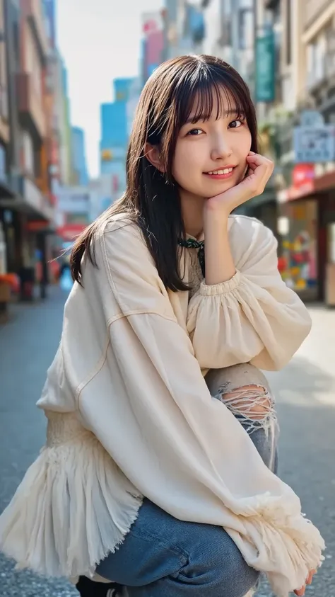 「portrait with the Shibuya cityscape in the background。A young woman poses in street fashion。 she says 、wearing distressed jeans and an oversized jacket、sneakers。has a short bob with light waves、natural makeup is applied。and street cafes and shop signs are...