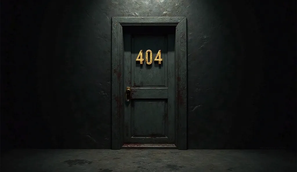 The final door – A door marked “404” in faded gold letters, surrounded by complete darkness. The handle is cold metal, stained with something deep red.