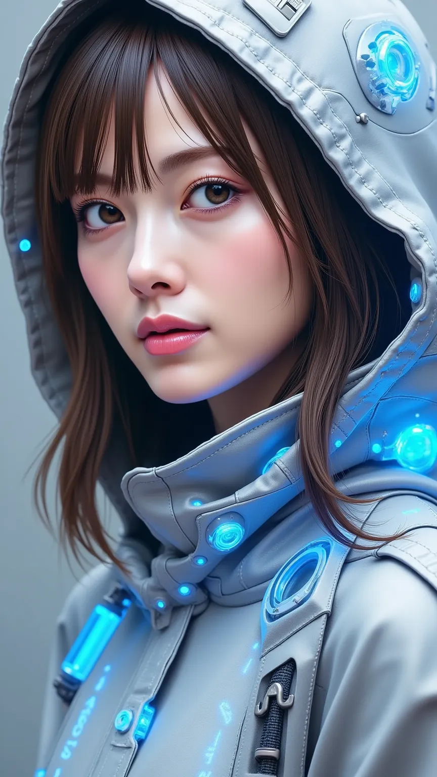 (  masterpiece:1.2,    exceptional quality    ,Mirror-like,  Cinematic Experience  ,photorealistic:2.0,RAW photo:2.0,very well detailed),8k,  wallpaper,(  Hologram used to express blueprint  :2.0),( beautiful woman under hoodie:2.0),Female Cyborg,(Female C...