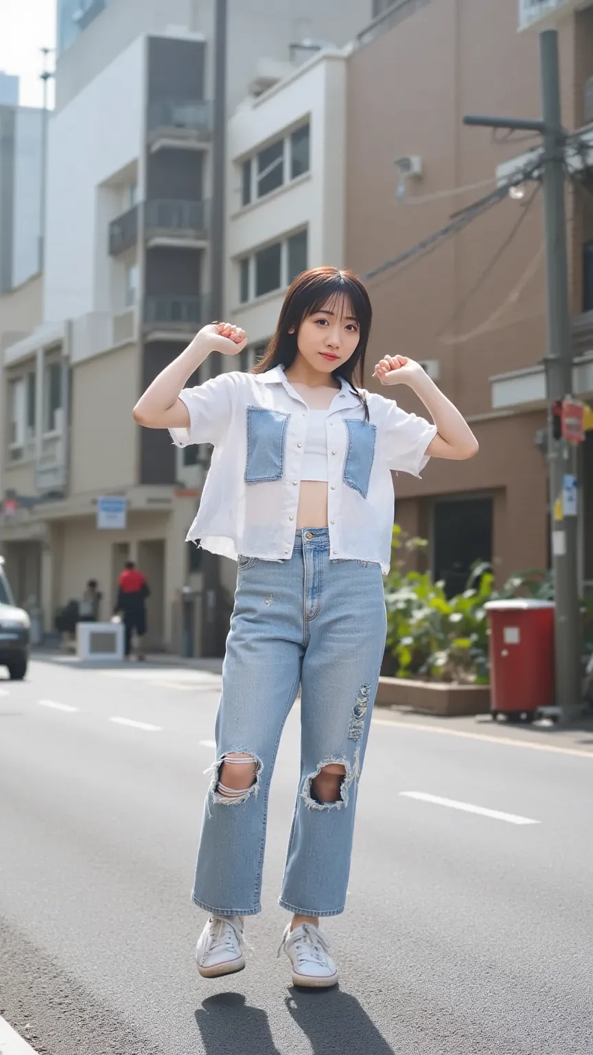 「portrait with the Shibuya cityscape in the background。A young woman poses in street fashion。 she says 、wearing distressed jeans and an oversized jacket、sneakers。has a short bob with light waves、natural makeup is applied。and street cafes and shop signs are...