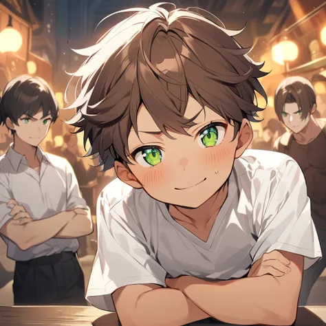 One age boy, green eyes, brown hair, Light tanned skin with a slight blush on the cheeks, wear white shirt, firm posture, arms crossed, with a playful and challenging look, furrowed eyebrows, arrogant and kind smile, theatrical background.